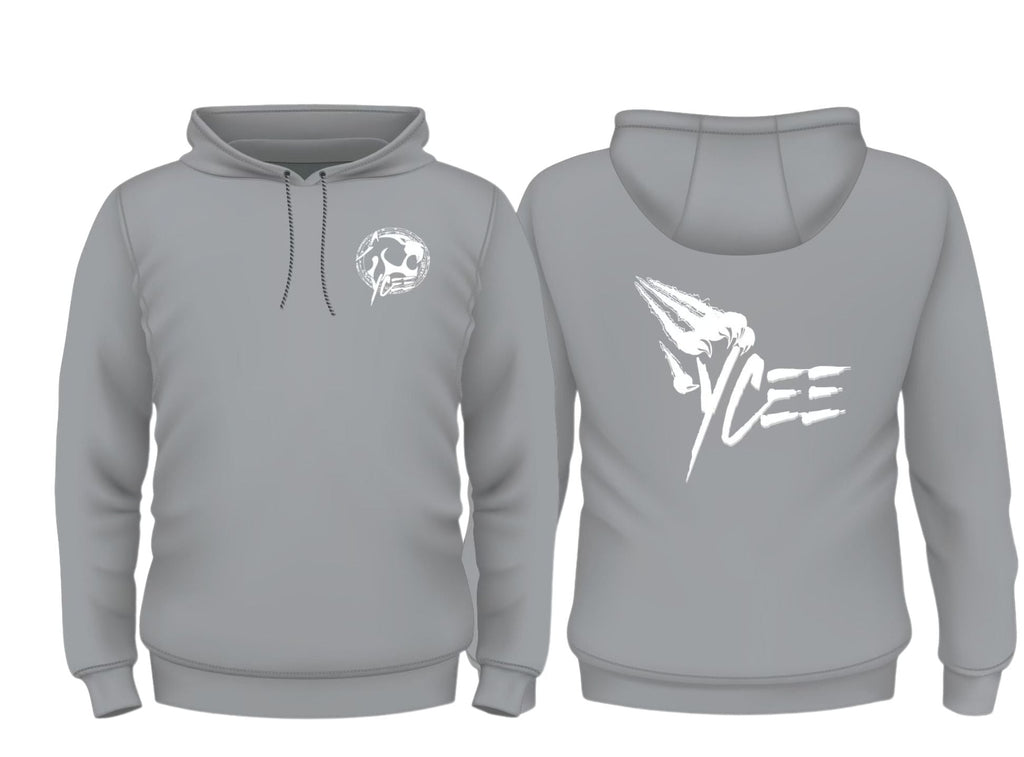 A gray pullover hoodie shown from the front and back on a plain white background. The front features a small white skull-and-crossbones graphic on the left chest, and the back features a large white stylized graphic reading 'VCEE'.