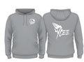 A gray pullover hoodie shown from the front and back on a plain white background. The front features a small white skull-and-crossbones graphic on the left chest, and the back features a large white stylized graphic reading 'VCEE'.