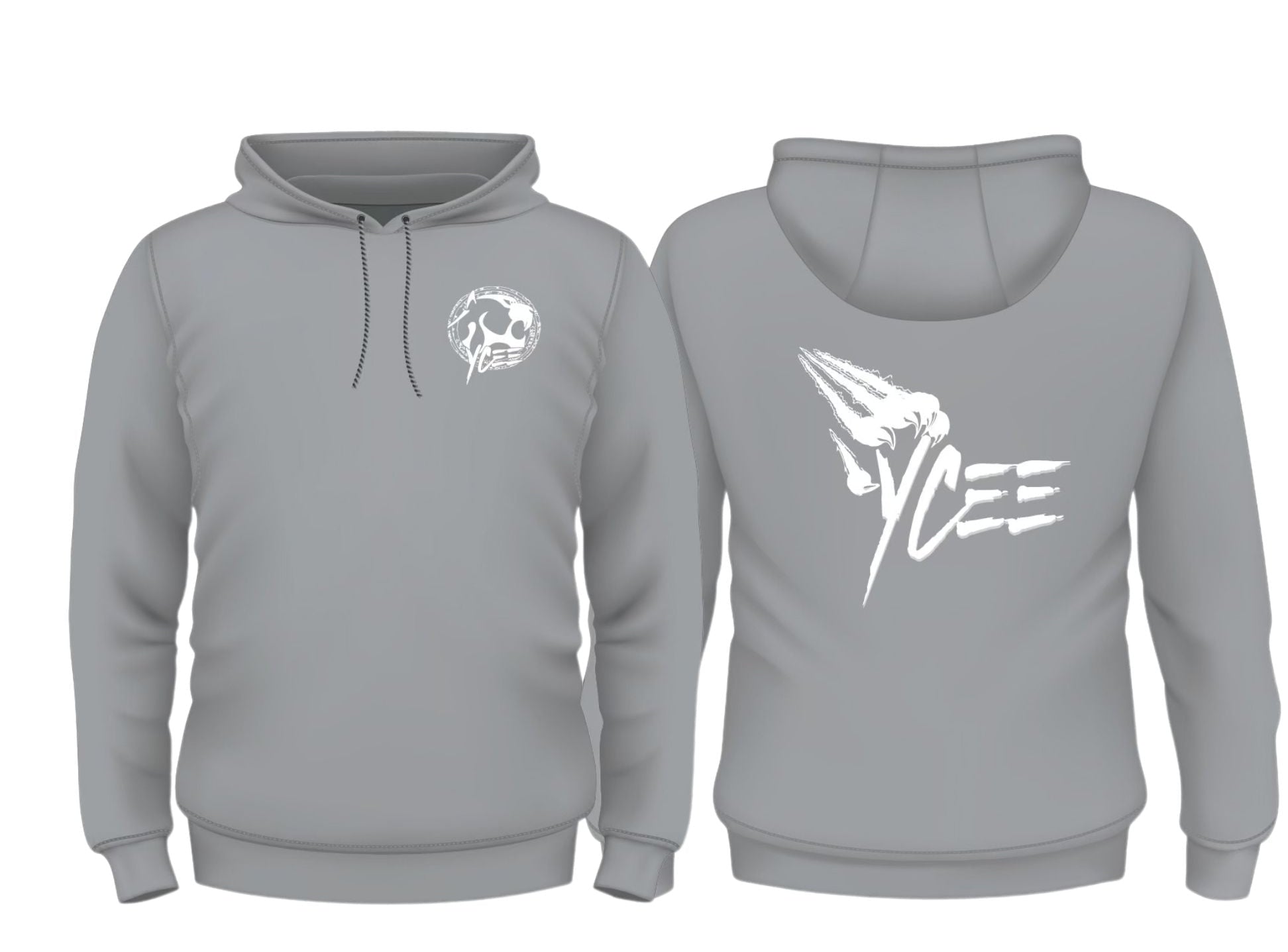 A gray pullover hoodie shown from the front and back on a plain white background. The front features a small white skull-and-crossbones graphic on the left chest, and the back features a large white stylized graphic reading 'VCEE'.