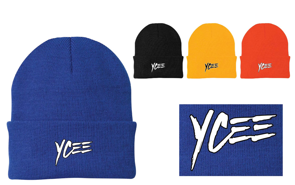 Blue beanie with embroidered 'YCEE' logo, black, yellow, and orange beanies, and close-up of 'YCEE' logo on blue background.