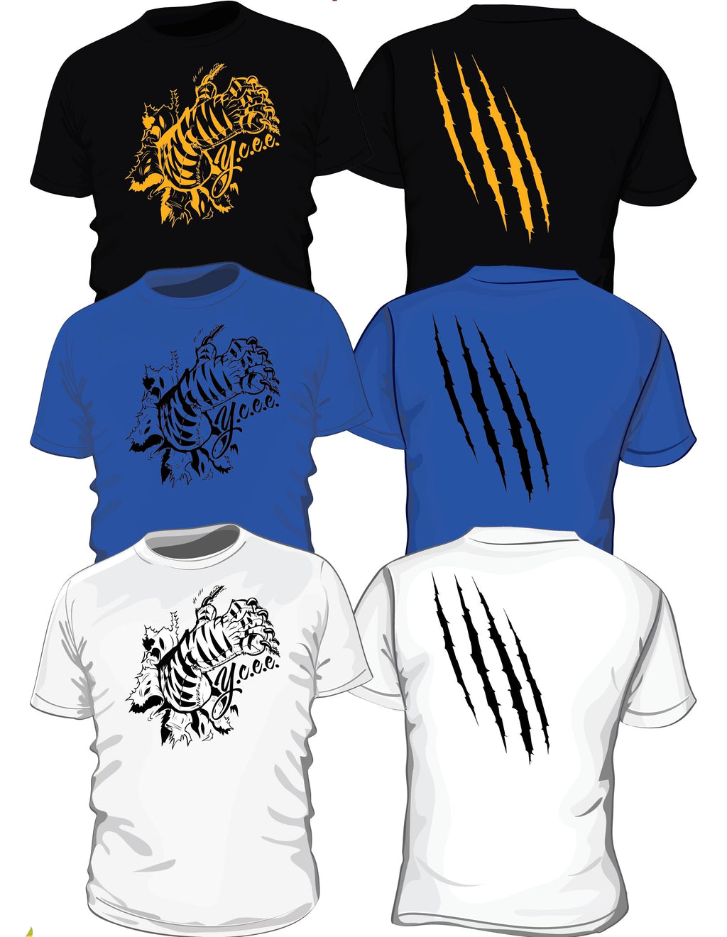 Set of three t-shirts with tiger and claw mark designs on a white background