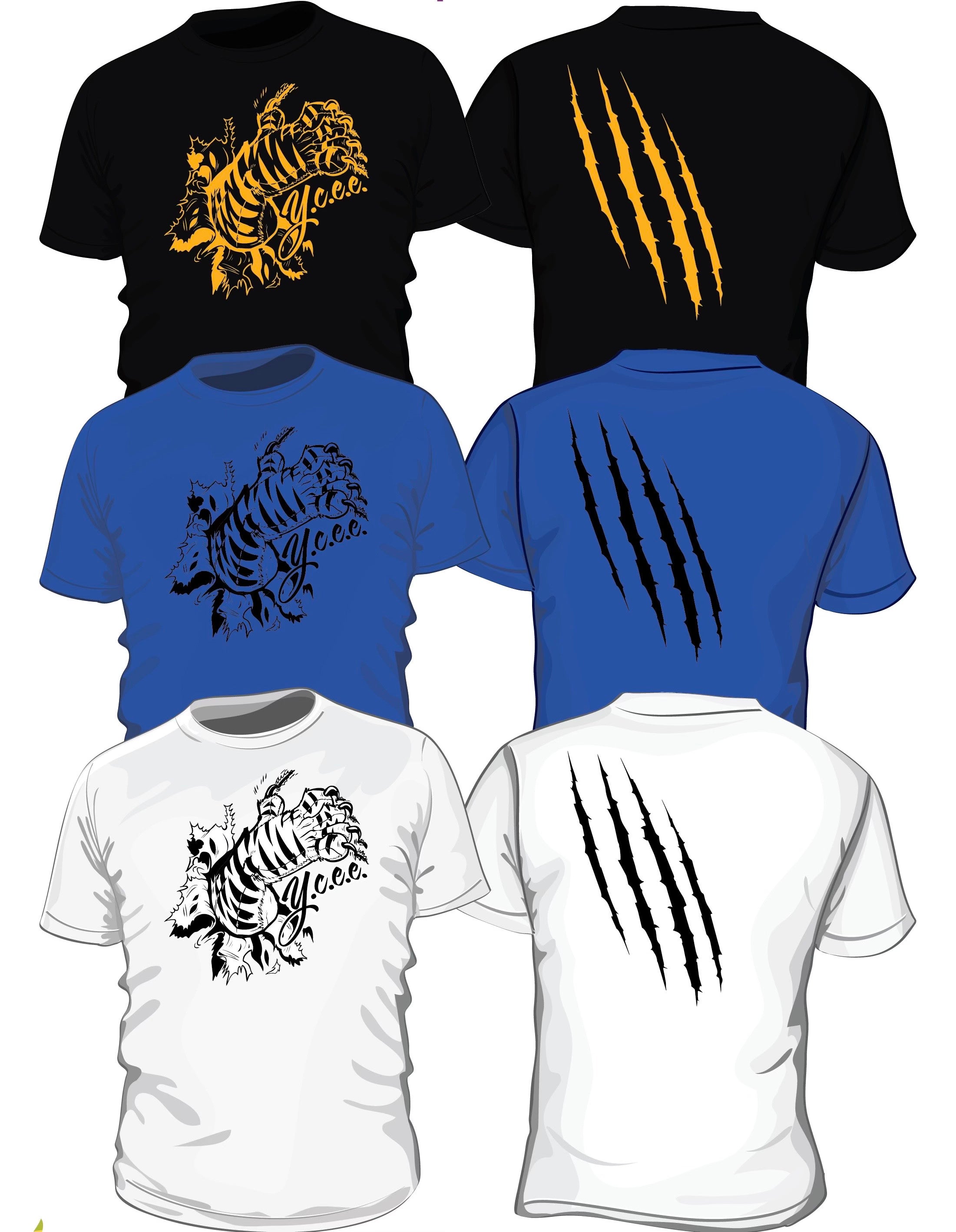 Set of three t-shirts with tiger and claw mark designs on a white background