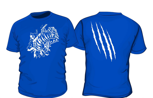 Blue t-shirt with white graphic design on front and back