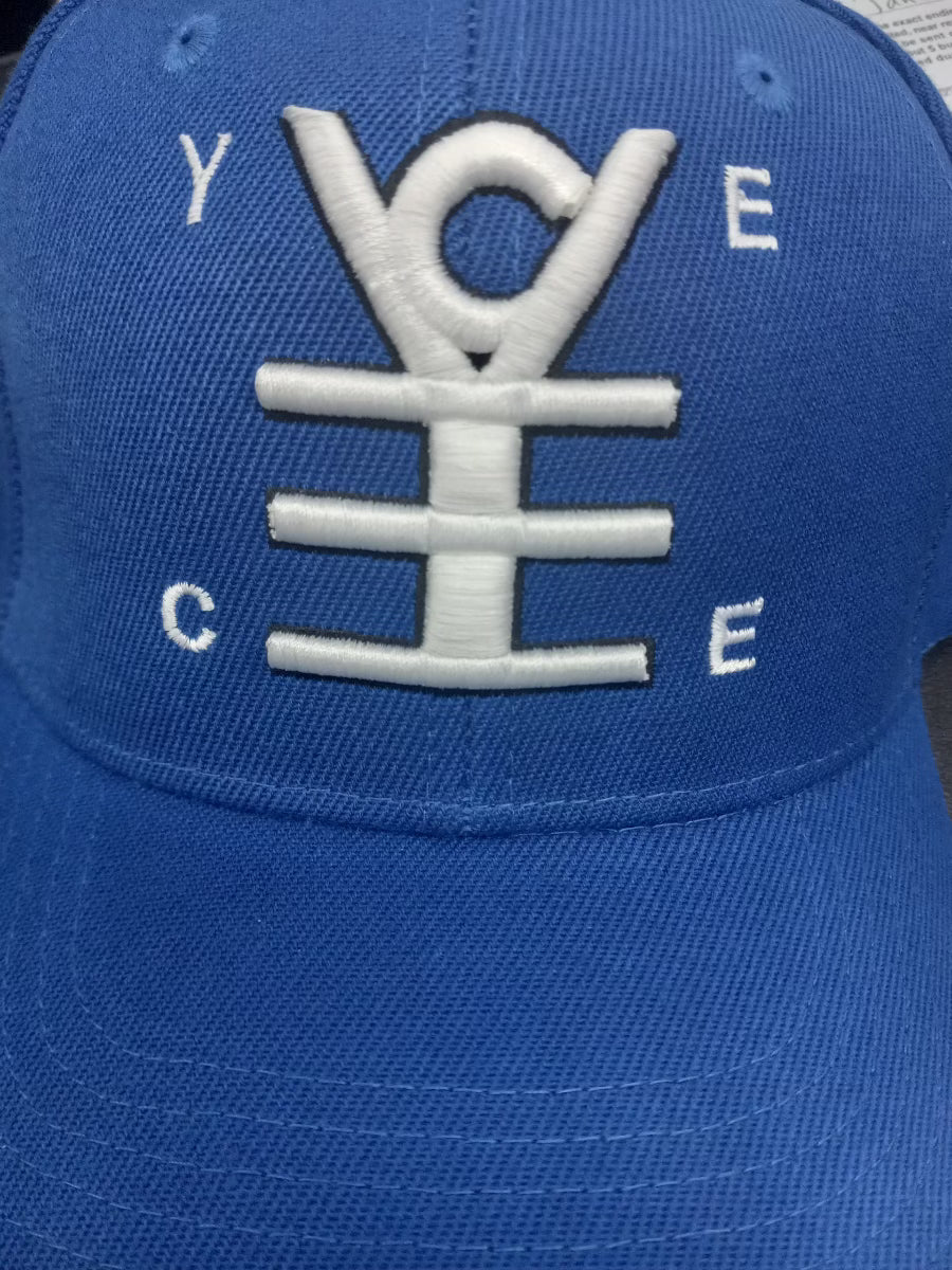 Blue cap with white logo and text on a blue background