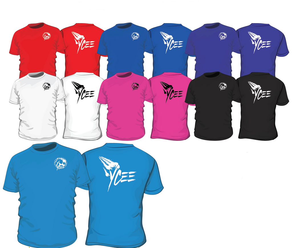 Collection of t-shirts with a brand logo in various colors and positions.