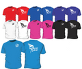 Collection of t-shirts with a brand logo in various colors and positions.