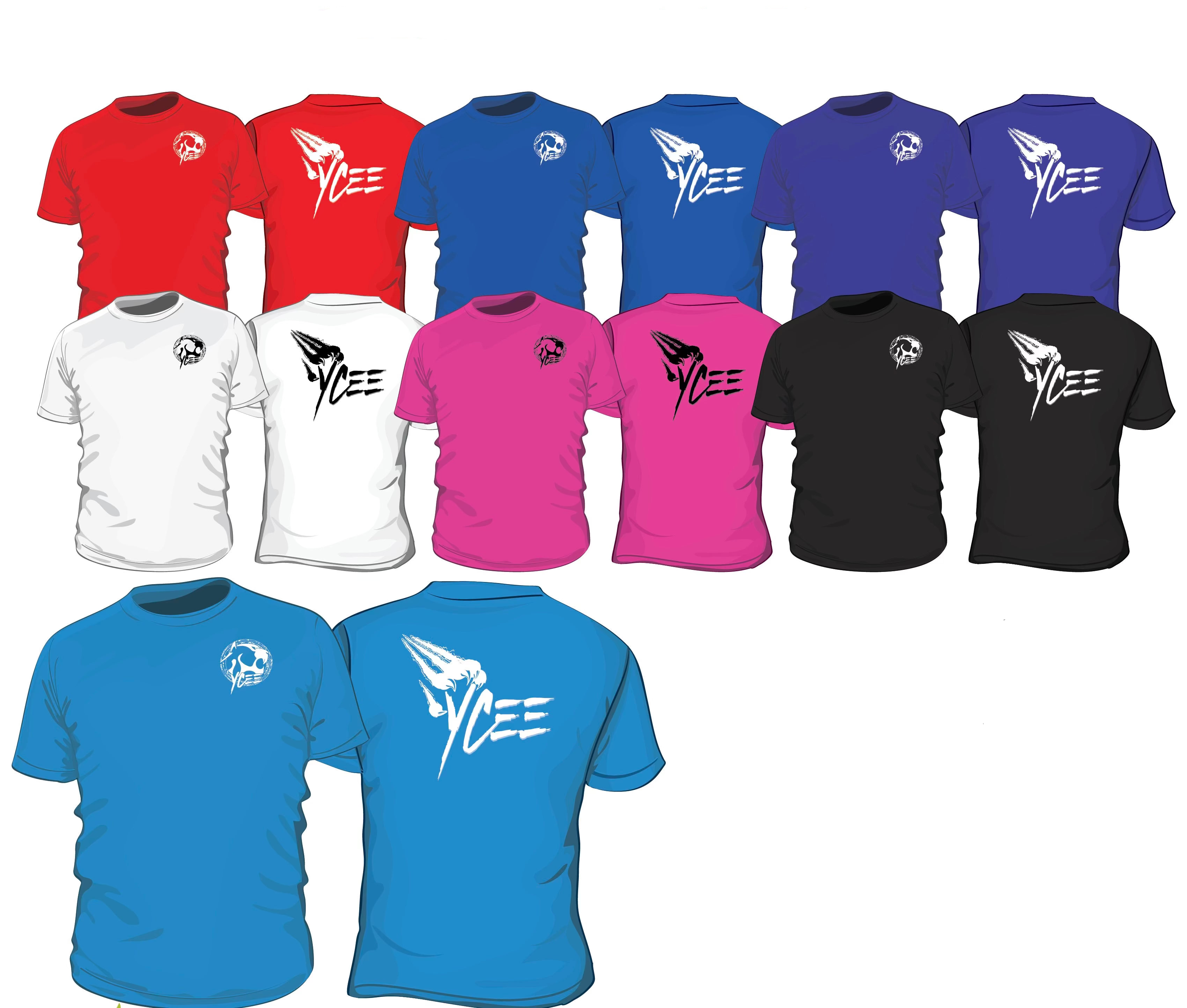 Collection of t-shirts with a brand logo in various colors and positions.