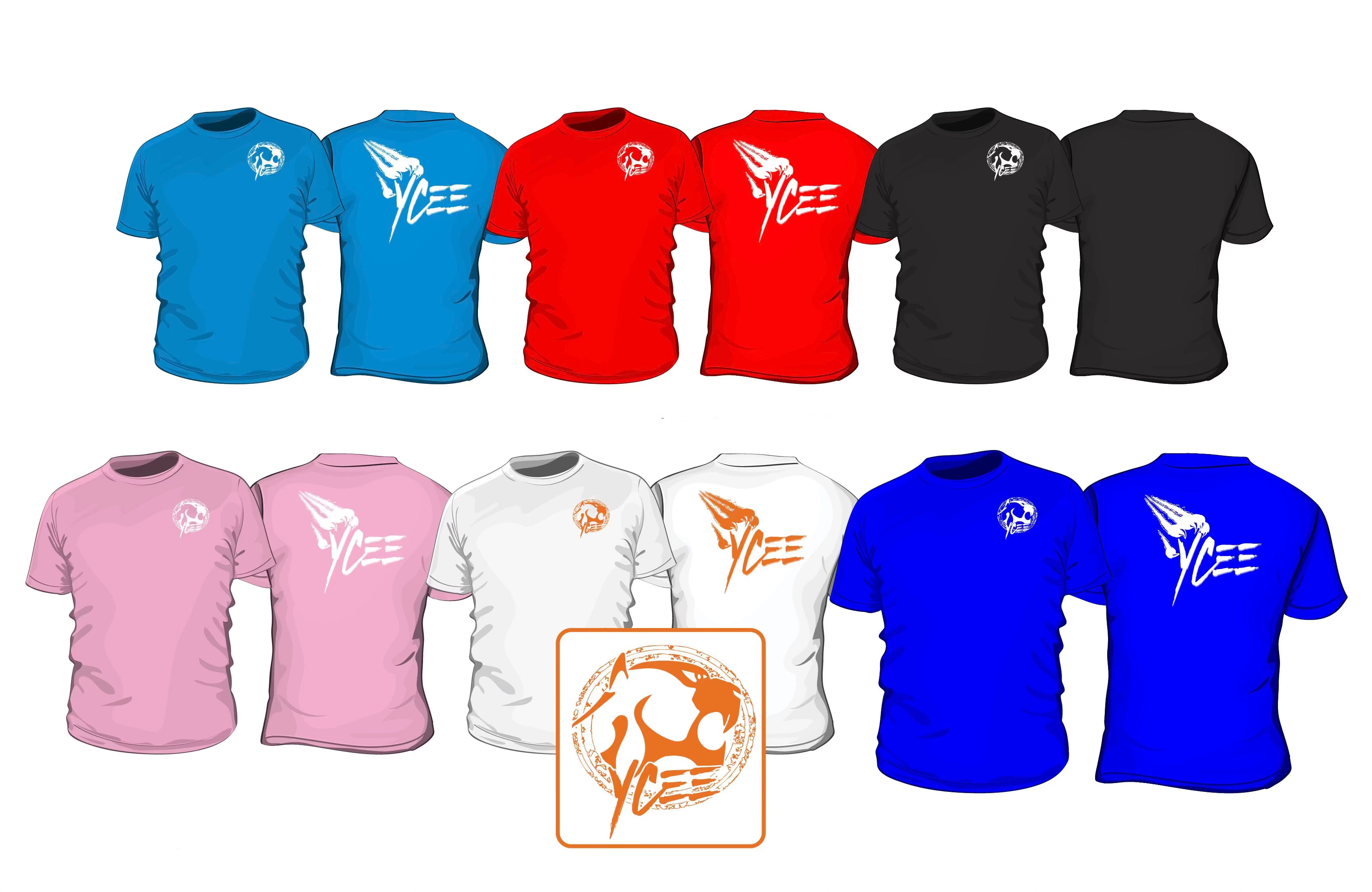 Collection of t-shirts in various colors with screen-printed designs on a white background.
