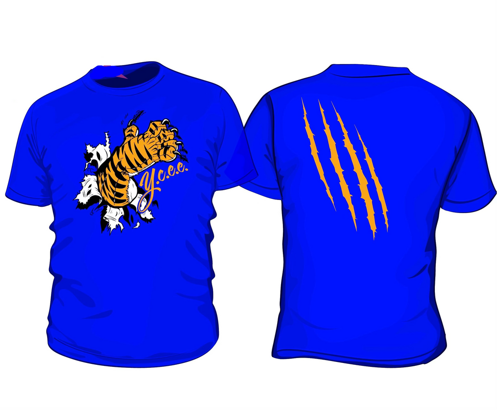 Blue t-shirt with tiger graphic and 'YCEE. Clothing Co.' branding, displayed with a label on the left.