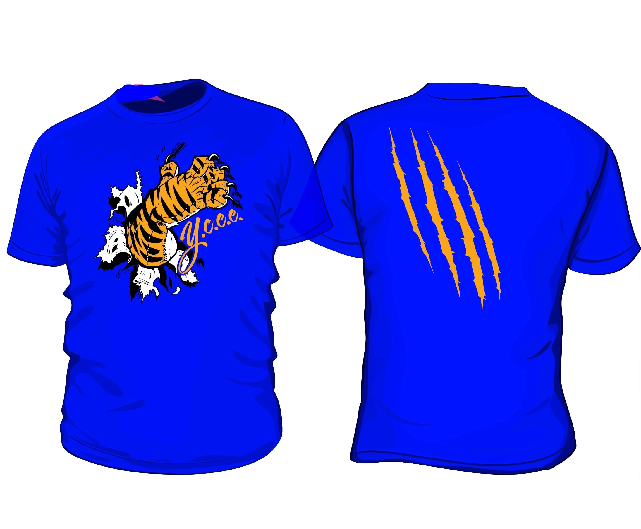 Blue t-shirt with tiger graphic and 'YCEE. Clothing Co.' branding, displayed with a label on the left.