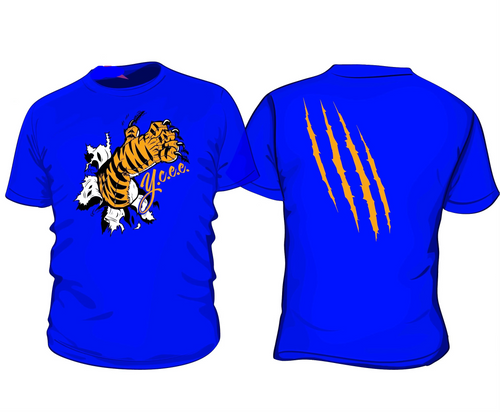 Blue t-shirt with tiger graphic and 'YCEE. Clothing Co.' branding, displayed with a label on the left.