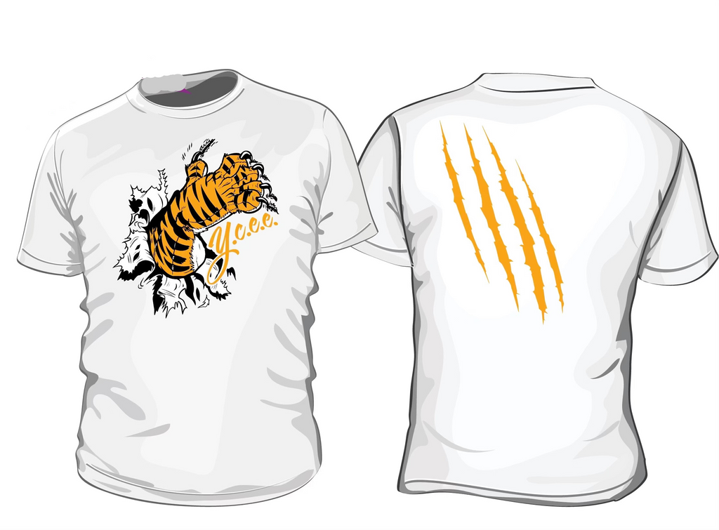 White t-shirt with tiger design and 'y.c.e.e.' branding, displayed front and back.