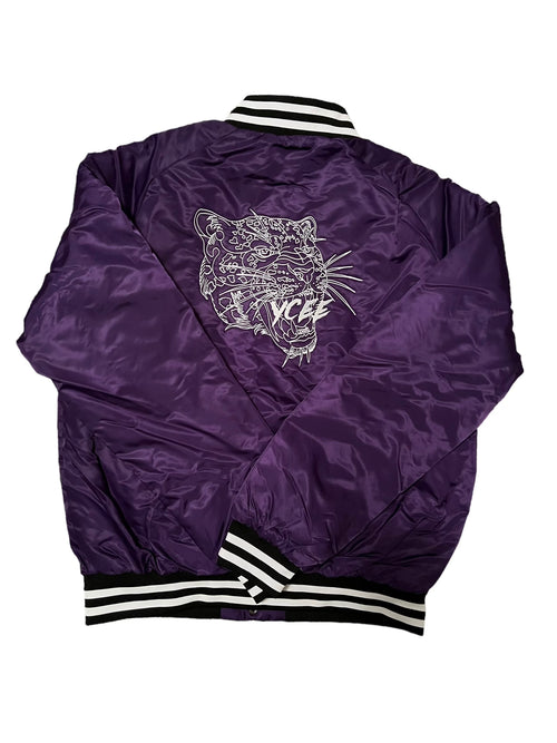 Purple jacket with a Jaguar design and 'YCEE' branding on a white background