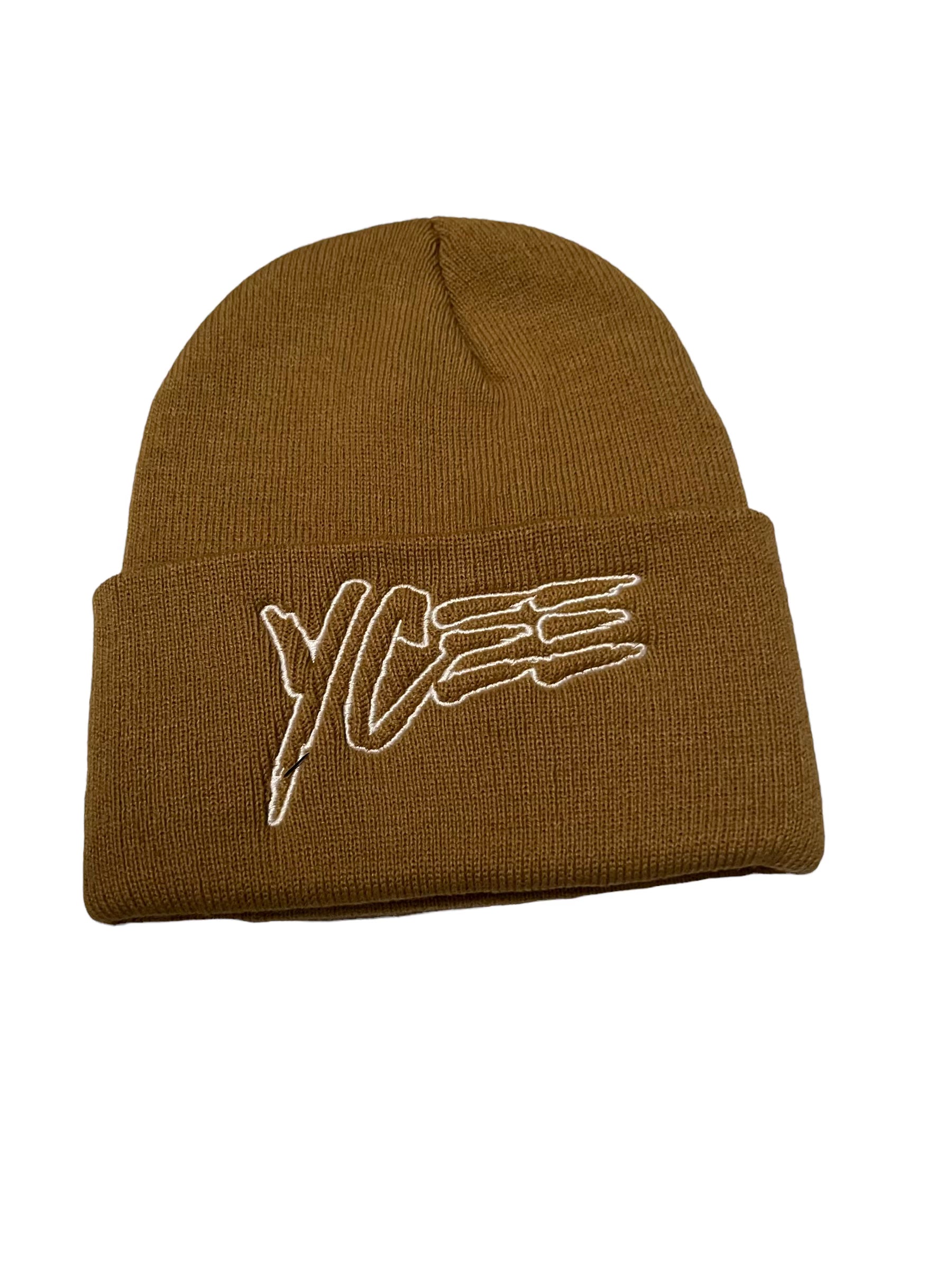 Brown beanie with a logo on a white background